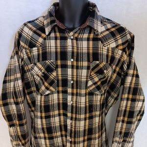 Yukon Plaid Flannel Shirt XL Brown Black Pearl Snaps Long Sleeves Cigarette Burn